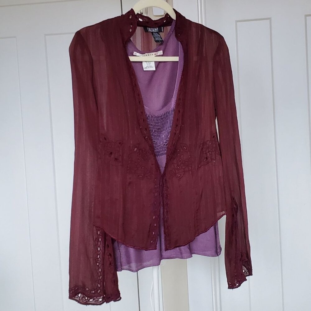 Lot of 2. Silk blouse with embroidery and violet tank